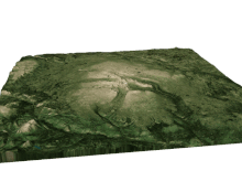 3D depiction of a low, broad and rocky mountain rising over vegetated terrain dissected by valleys.