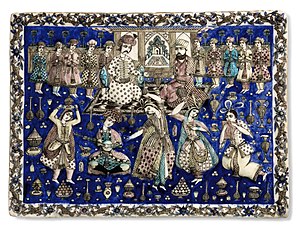 Pottery scene from 19th century Qajar, Iran, showing two seated princely figures, surrounded by courtiers, musicians and dancing girls.