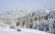 Historic Voralpen Express push-pull trainset (used until 2019) on Wissbach Viaduct near Degersheim