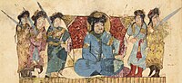 Turkic amir with guards in Maqamat al-Hariri, wearing the sharbush headgear, the three-quarters length robe, and boots, at Rayy, Iran, 1227.[124][125]