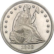 Seated Liberty dollar, with Phrygian cap on a pole (1868)