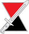 An hourglass, red on top and black on bottom, with diagonal bayonet imposed over it
