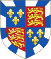 Beaufort arms (modern): Quarterly, 1st & 4th: Azure, three fleurs de lis or (France); 2nd & 3rd: Gules, three lions passant guardant in pale or (England); all within a bordure compony argent and azure[12]