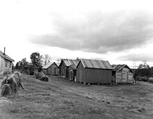 Schwarz-Weiß-Fotografie von mehreren kleineren dicht beieinanderstehenden Holzgebäuden
