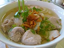 Nowl of bún mọc in Vietnam. Bún is rice vermicelli, while mọc means pork-ball