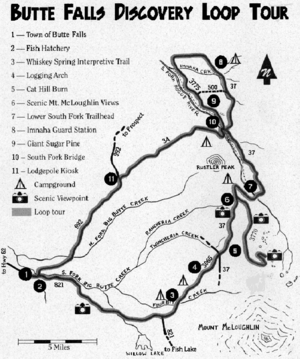 The loop, shaped somewhat like a figure eight, begins in the town of Butte Falls. It travels east, passing the Butte Falls Fish Hatchery, then turns northeast near Mount McLoughlin. The third and fourth stops are the Whiskey Springs Interpretive Site and the Logging Arch. The loop passes the Cat Hill Burn site, and then has scenic views of Mount McLoughlin. It turns southeast to the Lower South Fork Trailhead, then northwest Imnaha Guard Station. The trail loops around to travel southeast, passing the Giant Sugar Pine and the South Fork Bridge. It turns southwest, passing the Lodgepole Kiosk and finally returning to Butte Falls.