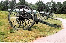 Three antiquated cannons in a row in a grassy field