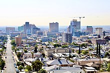 An aerial picture of the El Paso skyline, taken during the day in 2020.