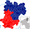 Der Kreis wurde 1932 auf den Oberwesterwaldkreis (blau) und den Unterwesterwaldkreis (rot) aufgeteilt.