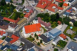 Aerial view of the church and town hall