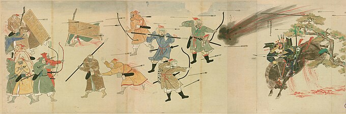 Ancient drawing depicting a samurai battling forces of the Mongol Empire