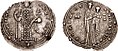 Miliaresion struck by Romanos III (r. 1028–1034), featuring a departure from the original cross and phrasing design, and instead portraying the Theotokos with the infant Christ on the obverse and the standing emperor dressed in imperial regalia on the reverse.