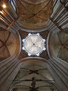 The octagonal central tower of Evreux Cathedral seen from below