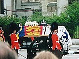 The Crown placed atop the Queen Mother's coffin during her funeral procession in 2002