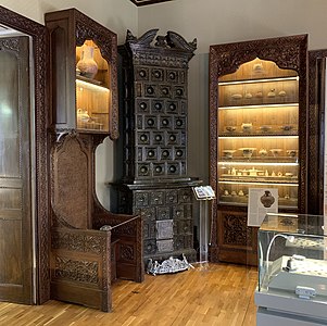Romanian Revival display cases in the George Severeanu Museum, Bucharest, in which Ancient ceramic is exhibited, unknown designer, unknown date, wood and glass