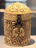 The Pyxis of al-Mughira; 10th century (maybe 968); ivory; 15 x 8 cm