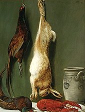 Still life with a hare, pheasants and a lobster