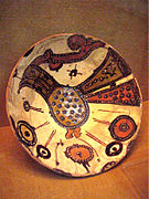 Bowl painted on slip under transparent glaze (polychrome), Nishabur, 9th or 10th century. National Museum of Iran, Tehran.