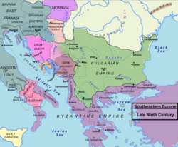 Serbia during the rule of prince Vlastimir is shown in brown on this map of Southeastern Europe in 850.