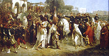 Painting by Jean-Adolphe Beaucé of French Expeditionary Corps landing in Beyrouth, 16 August 1860. Crowds gather around the Corps as a senior member mounted upon a white horse leads the landing