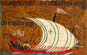 Painting of a galley under sail bearing the corpse of a saint, with Greek writing