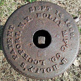 Birdsill Holly hydrant top view with description and patent date information