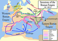 Image 3The Barbarian invasions consisted of the movement of (mainly) ancient Germanic peoples into Roman territory. Historically, this event marked the transition between classical antiquity and the Middle Ages. (from Roman Empire)