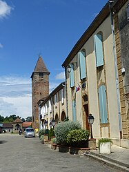 The town hall and bell tower in Monguilhem