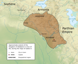 The Kingdom of Adiabene in c. 37 AD at its greatest extent, during the reign of Izates II