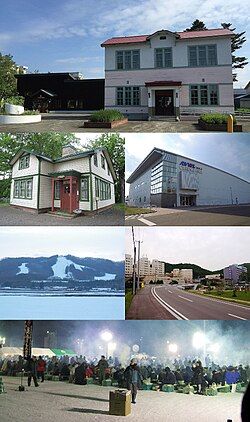 Clockwise from top: Kitami Mint Memorial Museum, ADVICS TOKORO CURLING HALL, Street in Onneyu area, Kitami BBQ Festival in February, NORTHERN ARC RESORT, Pierson Memorial Museum