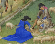 A kneeling person in a blue dress and a sitting person in grey and blue clothing with a black hat, both shearing a small sheep, surrounded by other small sheep on a green meadow