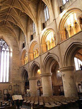 Malmesbury Abbey, England, has hollow core columns, probably filled with rubble. (Gothic vault)