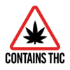 A symbol featuring a black cannabis leaf inside a red rounded triangle outline with "Contains THC" in black lettering below