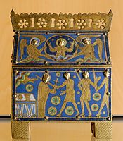 Enamelled reliquary of St Thomas Becket, showing his murder. Limoges, c. 1210