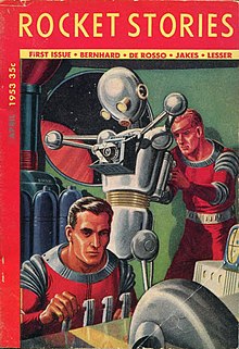 Two men on a spaceship, one at the controls and another repairing a robot