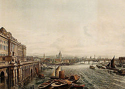 Somerset House in 1817, showing how the Thames originally flowed directly past the building, before the construction of the Victoria Embankment