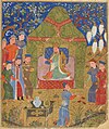 Genghis Khan proclaimed Khagan of all Mongols. White banners can be seen on the right. 15th-century ms. of Rashid al-Din's "History of the World" (BNF Supplément persan 1113, fol. 44v)