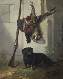 Dachshound Pehr with Game and Rifle (1740), 135 x 109 cm., Nationalmuseum