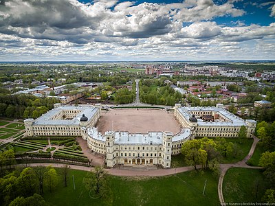 Aerial photo of Great Gatchina Palace's northern facade with Gatchina in the background