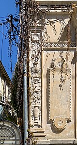 Renaissance Revival margent on a pilaster of Strada Grigore Cobălcescu no. 18, Bucharest, unknown architect, c.1890