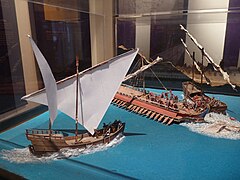 Model depicting a naval confrontation between a Roman ship and Omani ships in the Indian Ocean, 2nd century.