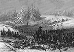 Print of French soldiers marching through snowy fields