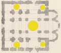 Grundriss, Position der fünf Kuppeln gelb nachgetragen