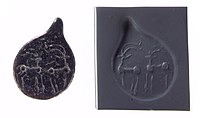 Late Ubaid–Middle Gawra; drop-shaped (tanged) pendant seal and modern impression with quadrupeds, not entirely reduced to geometric shapes; c. 4500 – c. 3500 BC; Northern Mesopotamia; Metropolitan Museum of Art
