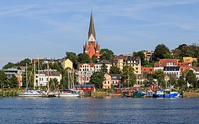Flensburg is the largest town in Anglia. View of the borough of Jürgensby (Jørgensby) on the Anglian side of the Flensburg Firth.