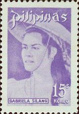 Revolutionary leader Gabriela Silang shown wearing a salakot in a 1974 postage stamp