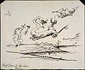 Drawing by Forbes of geologist Gideon Mantell engaged in battle with flying dinosaurs on the English coastline, c. 1830s