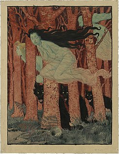 Grasset poster, Drei Frauen und drei Wölfe, c. 1892.