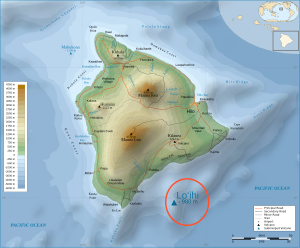 The island of Hawaii, showing Kamaʻehuakanaloa's position southeast of the main landmass