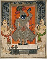 Kota school, Rajasthan, "Priests worshipping Krishna as Shrinathji for Mountain of Food festival (Annakuta utsava), c. 1840, 188.5 cm (74.21″) x 144.5 cm (56.88″)